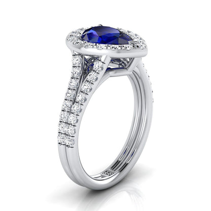 Platinum Pear Shape Center Sapphire French Pave Split Shank Diamond Halo Engagement Ring -5/8ctw
