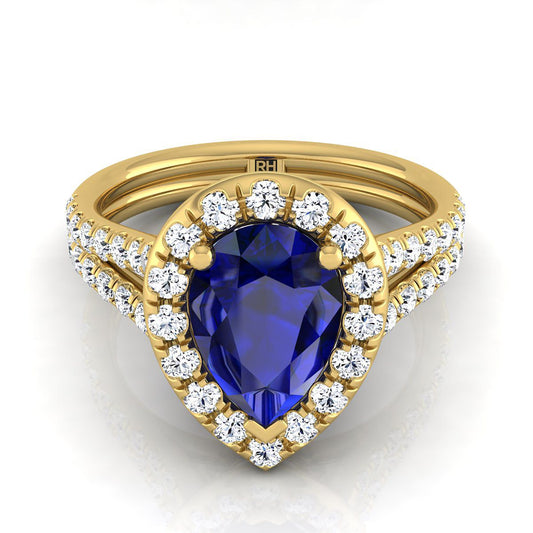 18K Yellow Gold Pear Shape Center Sapphire French Pave Split Shank Diamond Halo Engagement Ring -5/8ctw
