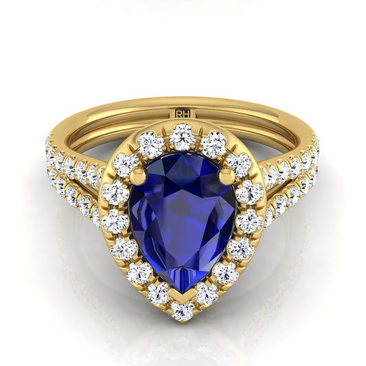14K Yellow Gold Pear Shape Center Sapphire French Pave Split Shank Diamond Halo Engagement Ring -5/8ctw