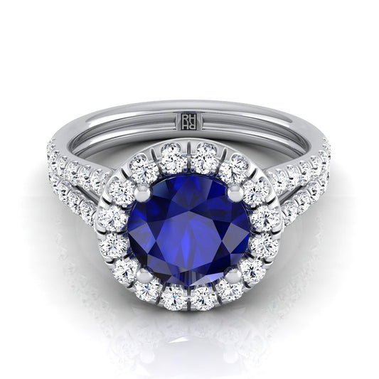 18K White Gold Round Brilliant Sapphire French Pave Split Shank Diamond Halo Engagement Ring -5/8ctw