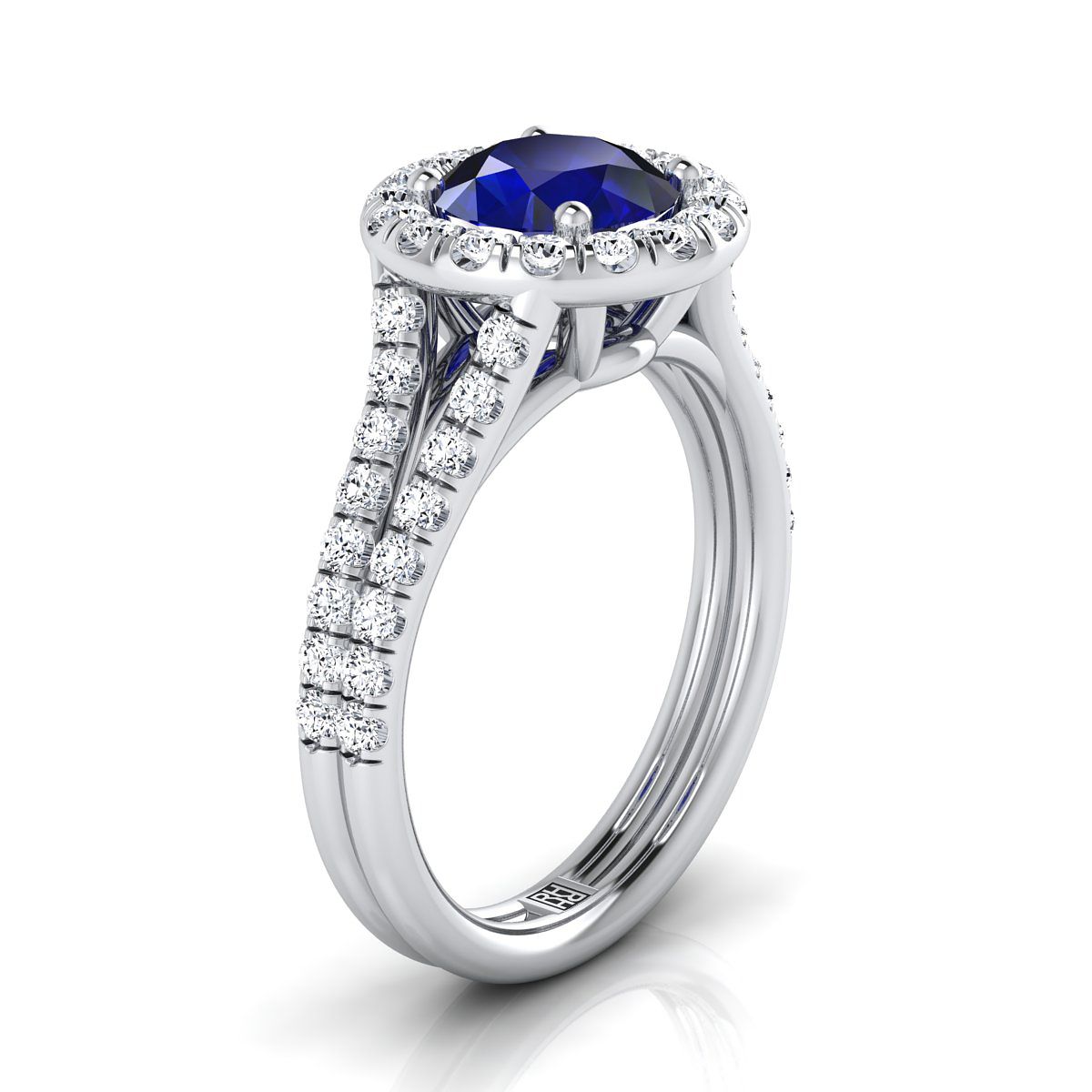 14K White Gold Round Brilliant Sapphire French Pave Split Shank Diamond Halo Engagement Ring -5/8ctw