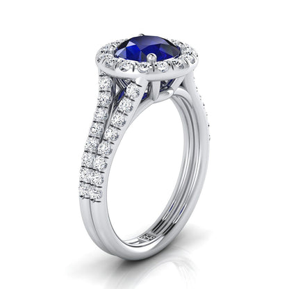 14K White Gold Round Brilliant Sapphire French Pave Split Shank Diamond Halo Engagement Ring -5/8ctw