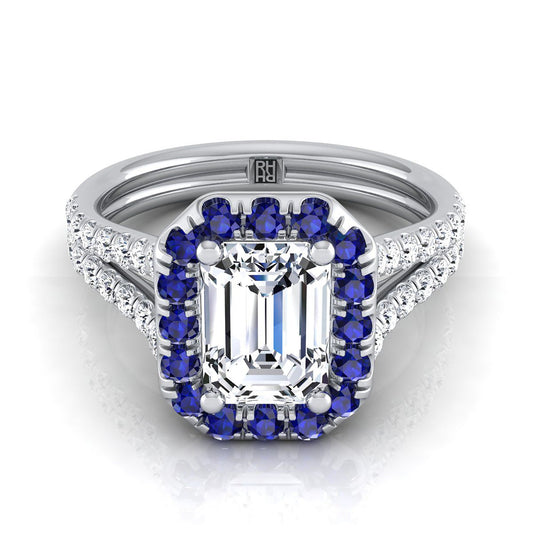 14K White Gold Emerald Cut  French Pave Split Shank Diamond Halo Engagement Ring -3/8ctw
