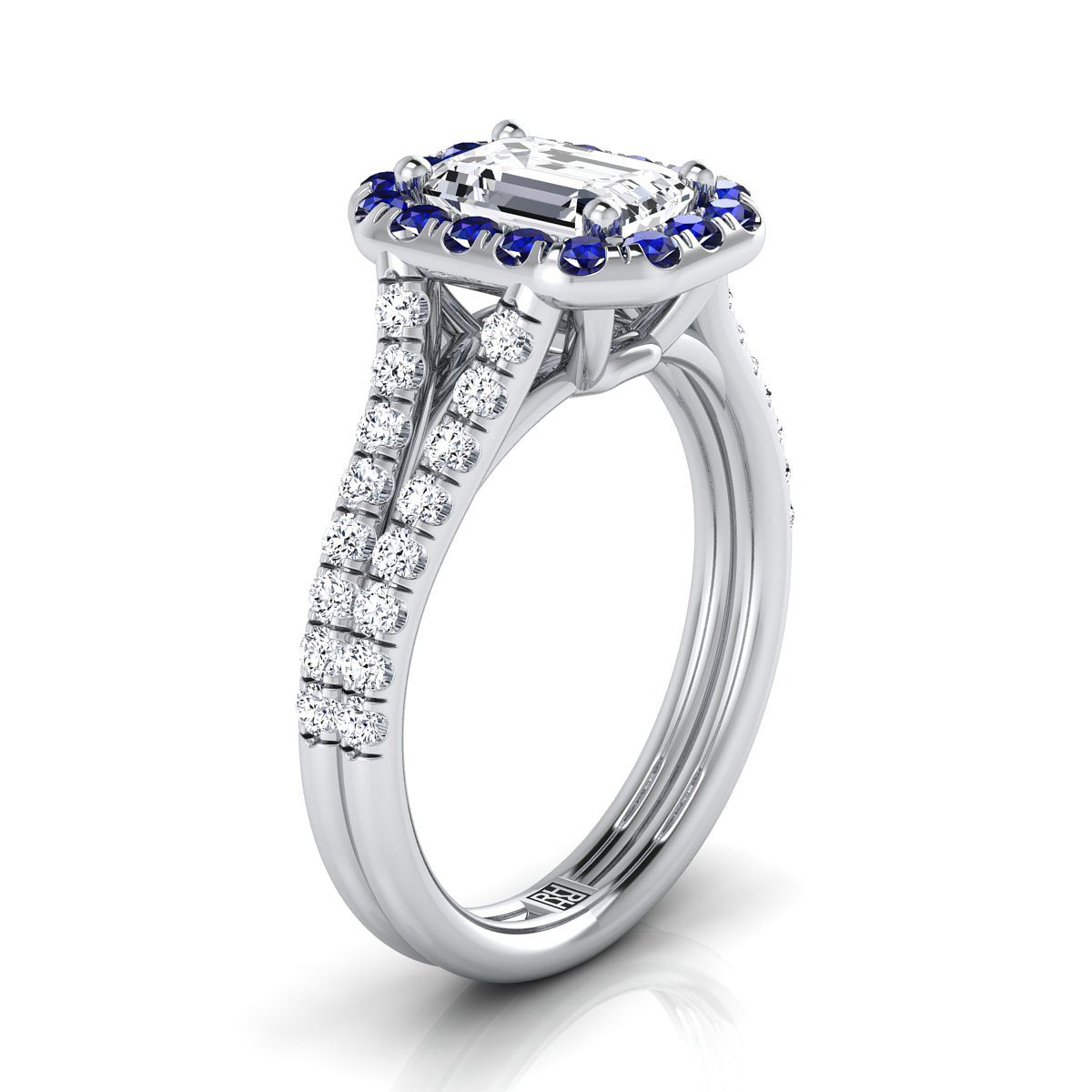 18K White Gold Emerald Cut  French Pave Split Shank Diamond Halo Engagement Ring -3/8ctw