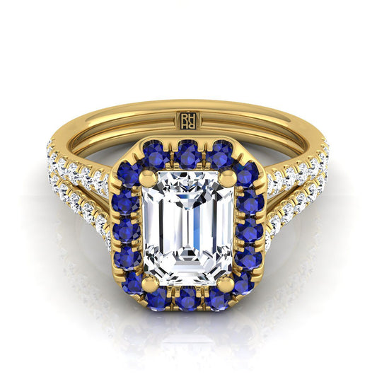 18K Yellow Gold Emerald Cut  French Pave Split Shank Diamond Halo Engagement Ring -3/8ctw