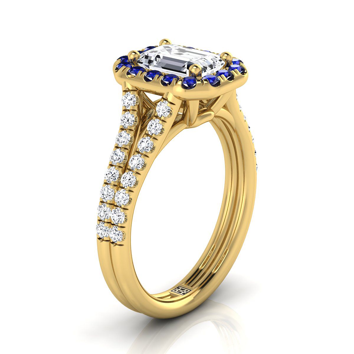 14K Yellow Gold Emerald Cut  French Pave Split Shank Diamond Halo Engagement Ring -3/8ctw