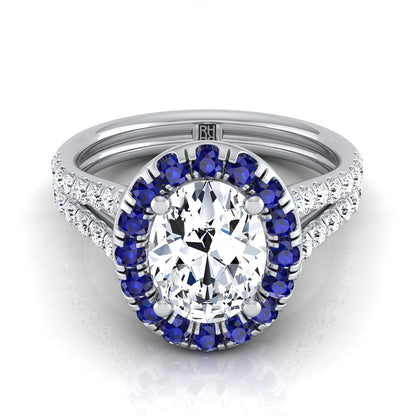 Platinum Oval  French Pave Split Shank Diamond Halo Engagement Ring -3/8ctw