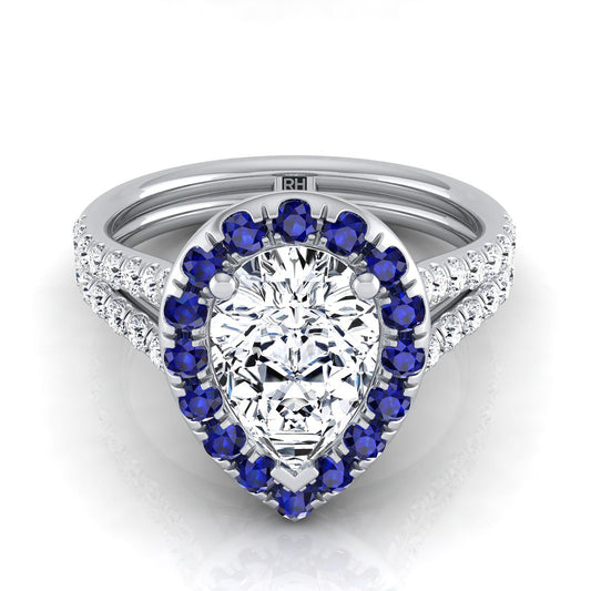 18K White Gold Pear Shape Center  French Pave Split Shank Diamond Halo Engagement Ring -3/8ctw