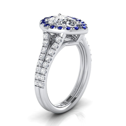 14K White Gold Pear Shape Center  French Pave Split Shank Diamond Halo Engagement Ring -3/8ctw