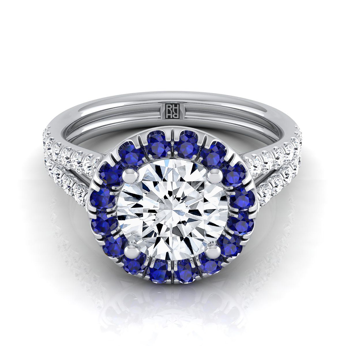 18K White Gold Round Brilliant  French Pave Split Shank Diamond Halo Engagement Ring -3/8ctw