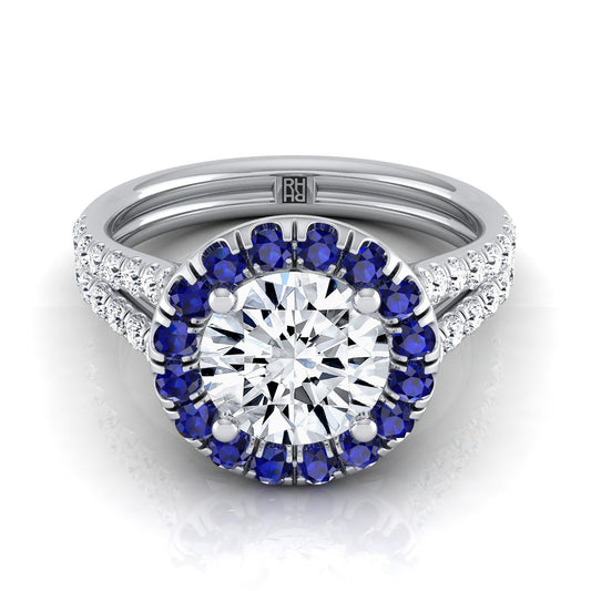 Platinum Round Brilliant  French Pave Split Shank Diamond Halo Engagement Ring -3/8ctw