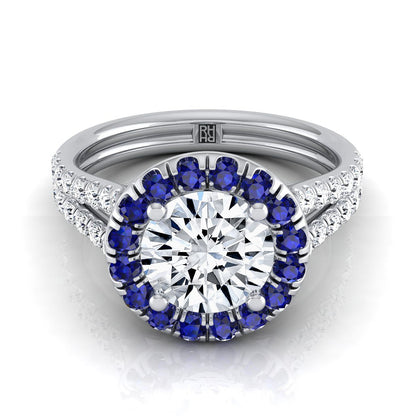 14K White Gold Round Brilliant  French Pave Split Shank Diamond Halo Engagement Ring -3/8ctw