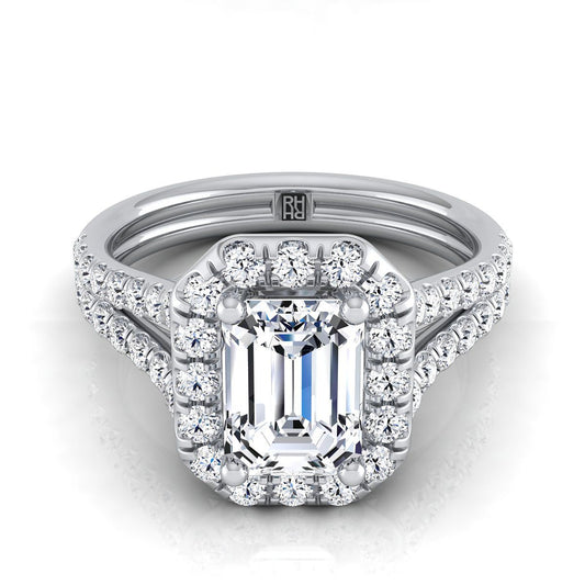 18K White Gold Emerald Cut Diamond French Pave Split Shank Halo Engagement Ring -5/8ctw