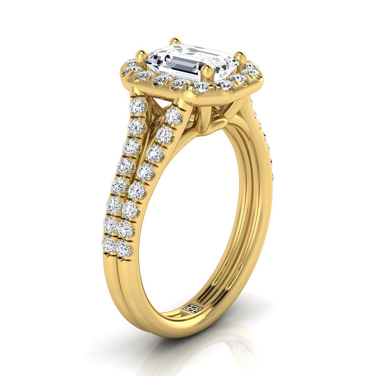 14K Yellow Gold Emerald Cut Diamond French Pave Split Shank Halo Engagement Ring -5/8ctw
