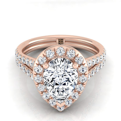 14K Rose Gold Pear Shape Center Diamond French Pave Split Shank Halo Engagement Ring -5/8ctw