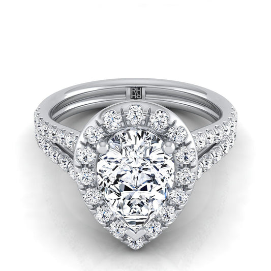 Platinum Pear Shape Center Diamond French Pave Split Shank Halo Engagement Ring -5/8ctw