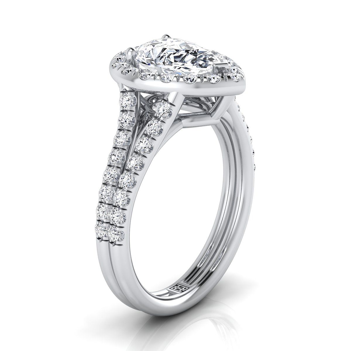 14K White Gold Pear Shape Center Diamond French Pave Split Shank Halo Engagement Ring -5/8ctw