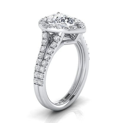 14K White Gold Pear Shape Center Diamond French Pave Split Shank Halo Engagement Ring -5/8ctw