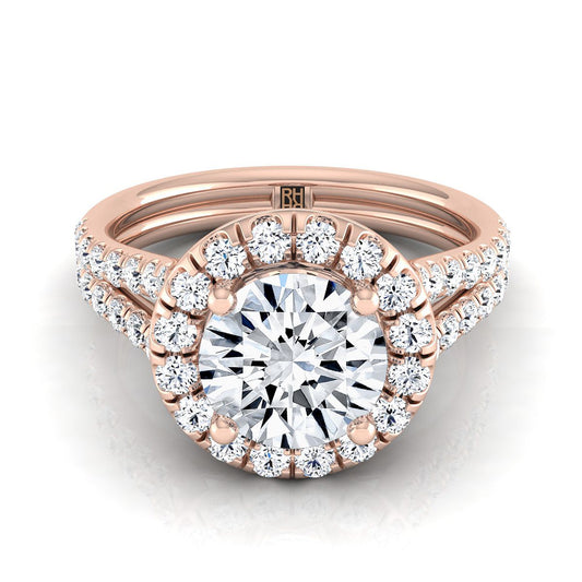 14K Rose Gold Round Brilliant Diamond French Pave Split Shank Halo Engagement Ring -5/8ctw