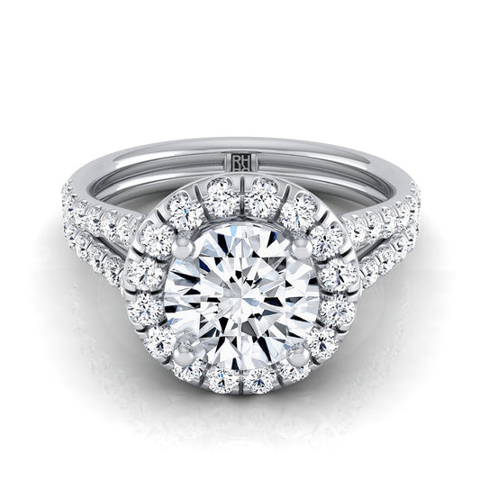Platinum Round Brilliant Diamond French Pave Split Shank Halo Engagement Ring -5/8ctw