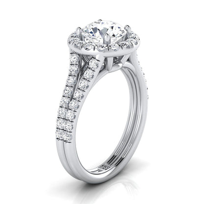 18K White Gold Round Brilliant Diamond French Pave Split Shank Halo Engagement Ring -5/8ctw