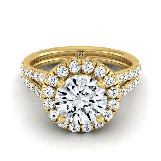 18K Yellow Gold Round Brilliant Diamond French Pave Split Shank Halo Engagement Ring -5/8ctw