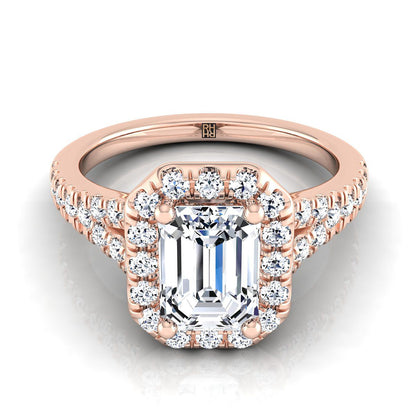 14K Rose Gold Emerald Cut Diamond Simple Prong Halo with Petite Split Shank Pave Engagement Ring -1/2ctw