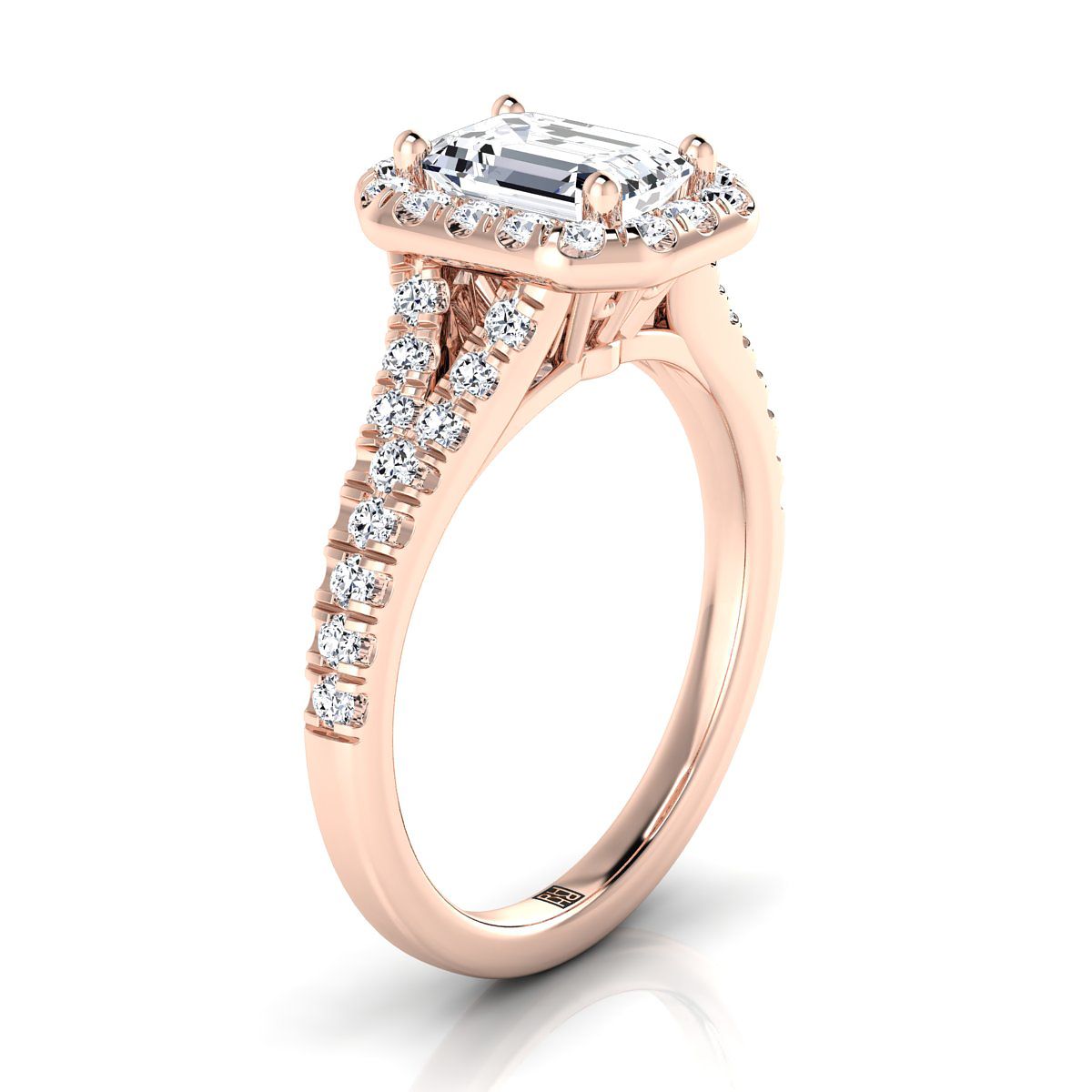 14K Rose Gold Emerald Cut Diamond Simple Prong Halo with Petite Split Shank Pave Engagement Ring -1/2ctw