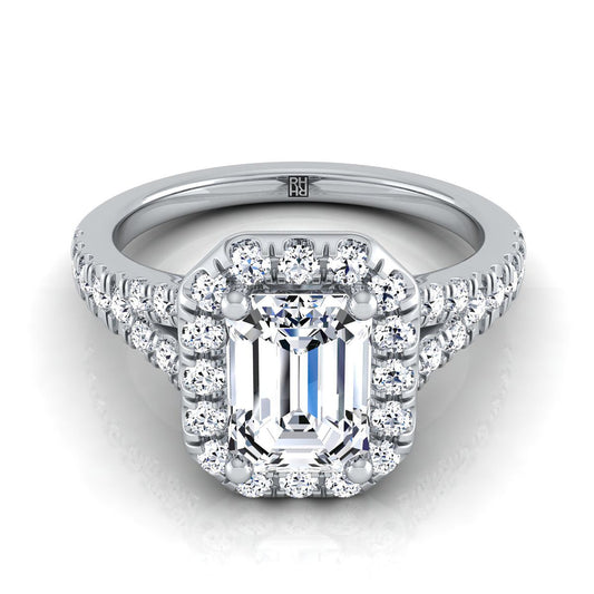 Platinum Emerald Cut Diamond Simple Prong Halo with Petite Split Shank Pave Engagement Ring -1/2ctw