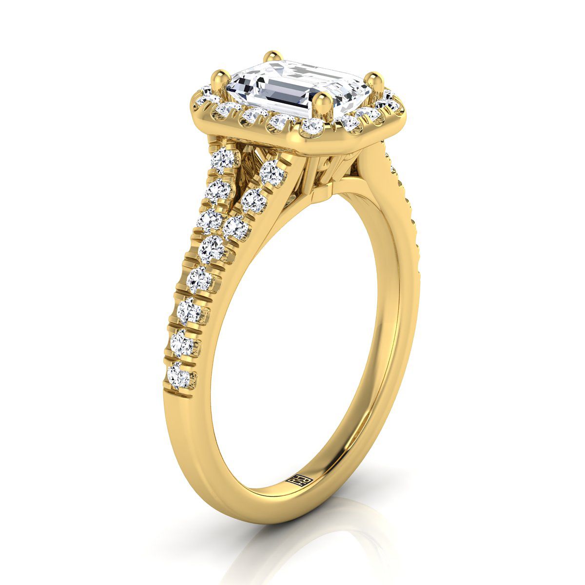 18K Yellow Gold Emerald Cut Diamond Simple Prong Halo with Petite Split Shank Pave Engagement Ring -1/2ctw