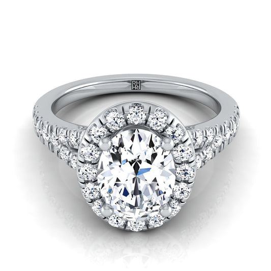 Platinum Oval Diamond Simple Prong Halo with Petite Split Shank Pave Engagement Ring -1/2ctw