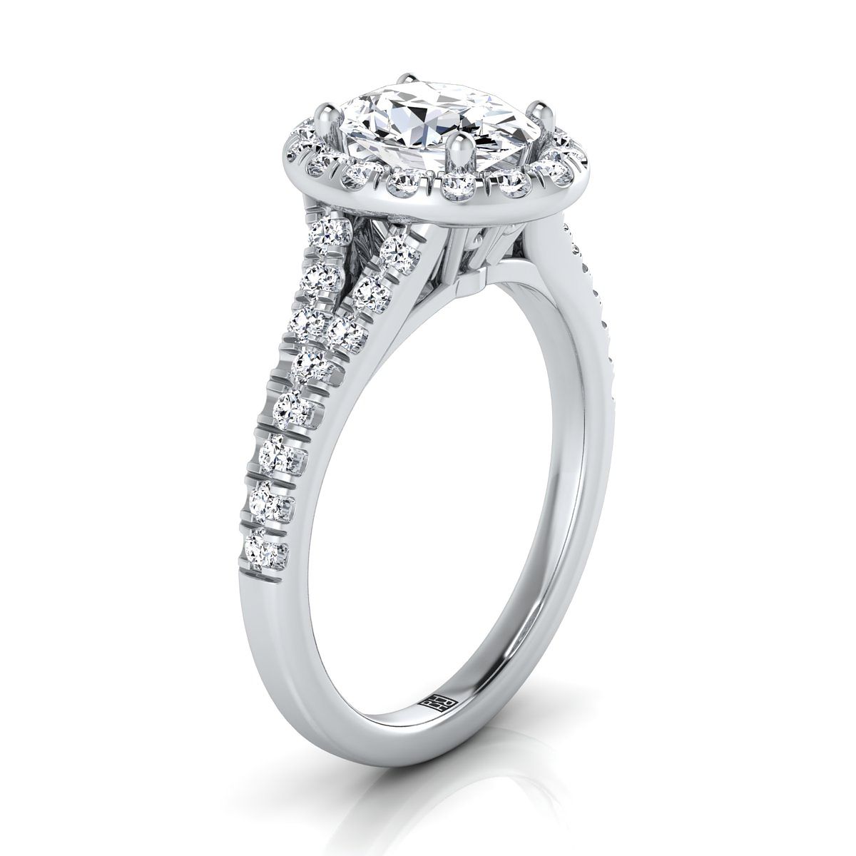 18K White Gold Oval Diamond Simple Prong Halo with Petite Split Shank Pave Engagement Ring -1/2ctw