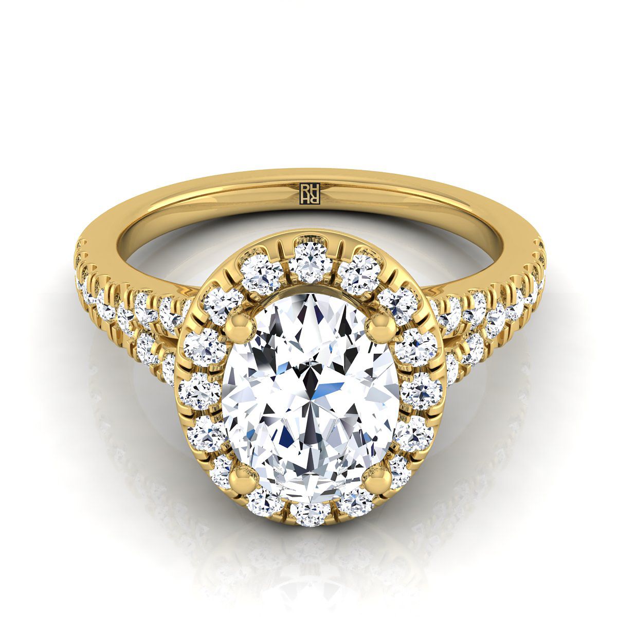 18K Yellow Gold Oval Diamond Simple Prong Halo with Petite Split Shank Pave Engagement Ring -1/2ctw