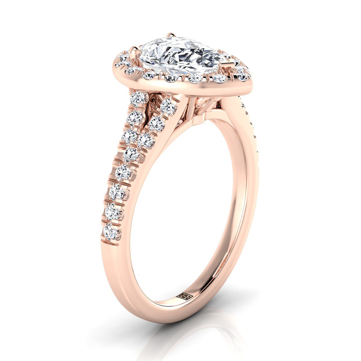14K Rose Gold Pear Shape Center Diamond Simple Prong Halo with Petite Split Shank Pave Engagement Ring -1/2ctw