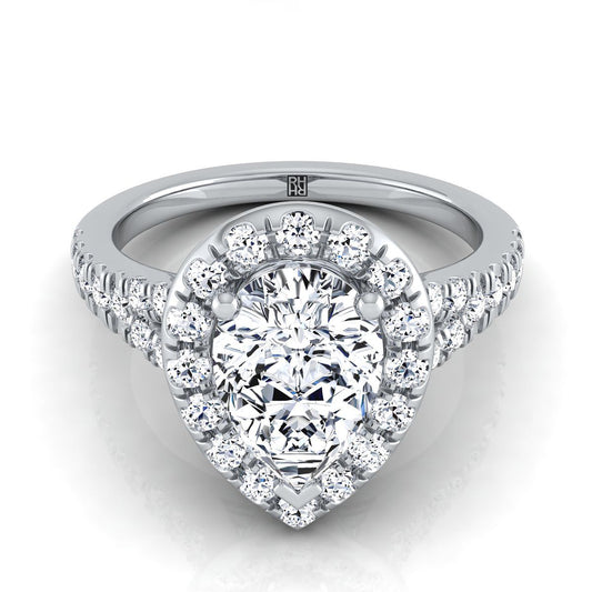 Platinum Pear Shape Center Diamond Simple Prong Halo with Petite Split Shank Pave Engagement Ring -1/2ctw