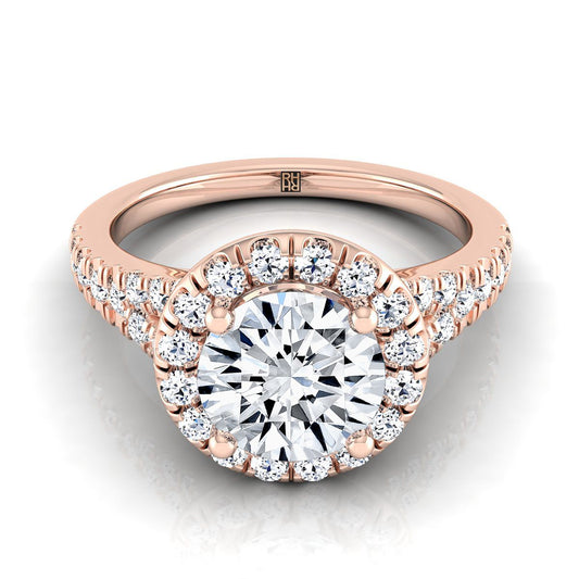 14K Rose Gold Round Brilliant Diamond Simple Prong Halo with Petite Split Shank Pave Engagement Ring -1/2ctw