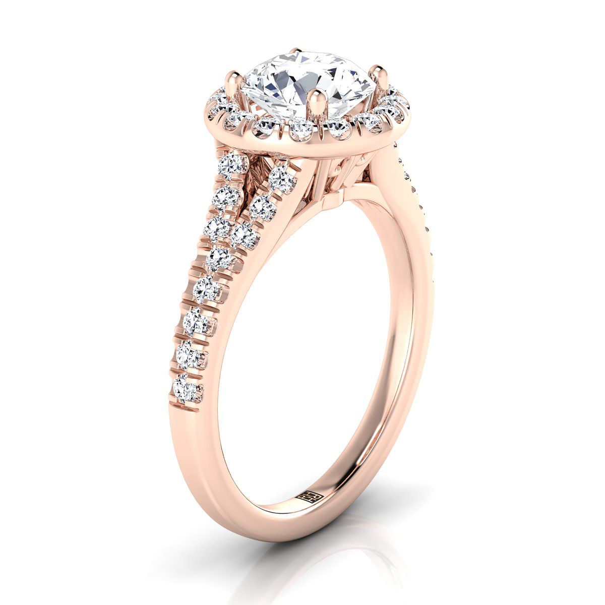 14K Rose Gold Round Brilliant Diamond Simple Prong Halo with Petite Split Shank Pave Engagement Ring -1/2ctw