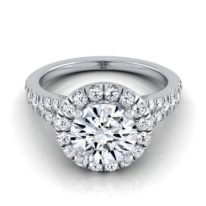 18K White Gold Round Brilliant Diamond Simple Prong Halo with Petite Split Shank Pave Engagement Ring -1/2ctw
