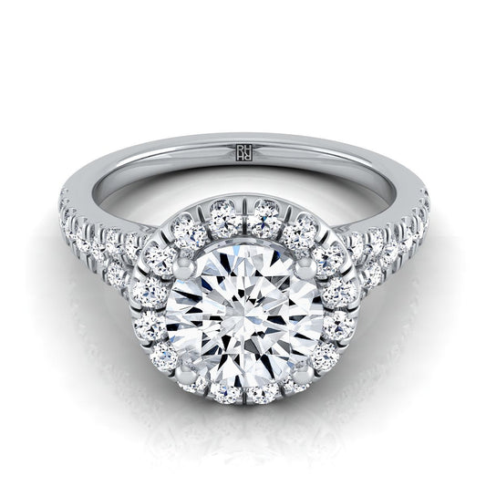 18K White Gold Round Brilliant Diamond Simple Prong Halo with Petite Split Shank Pave Engagement Ring -1/2ctw