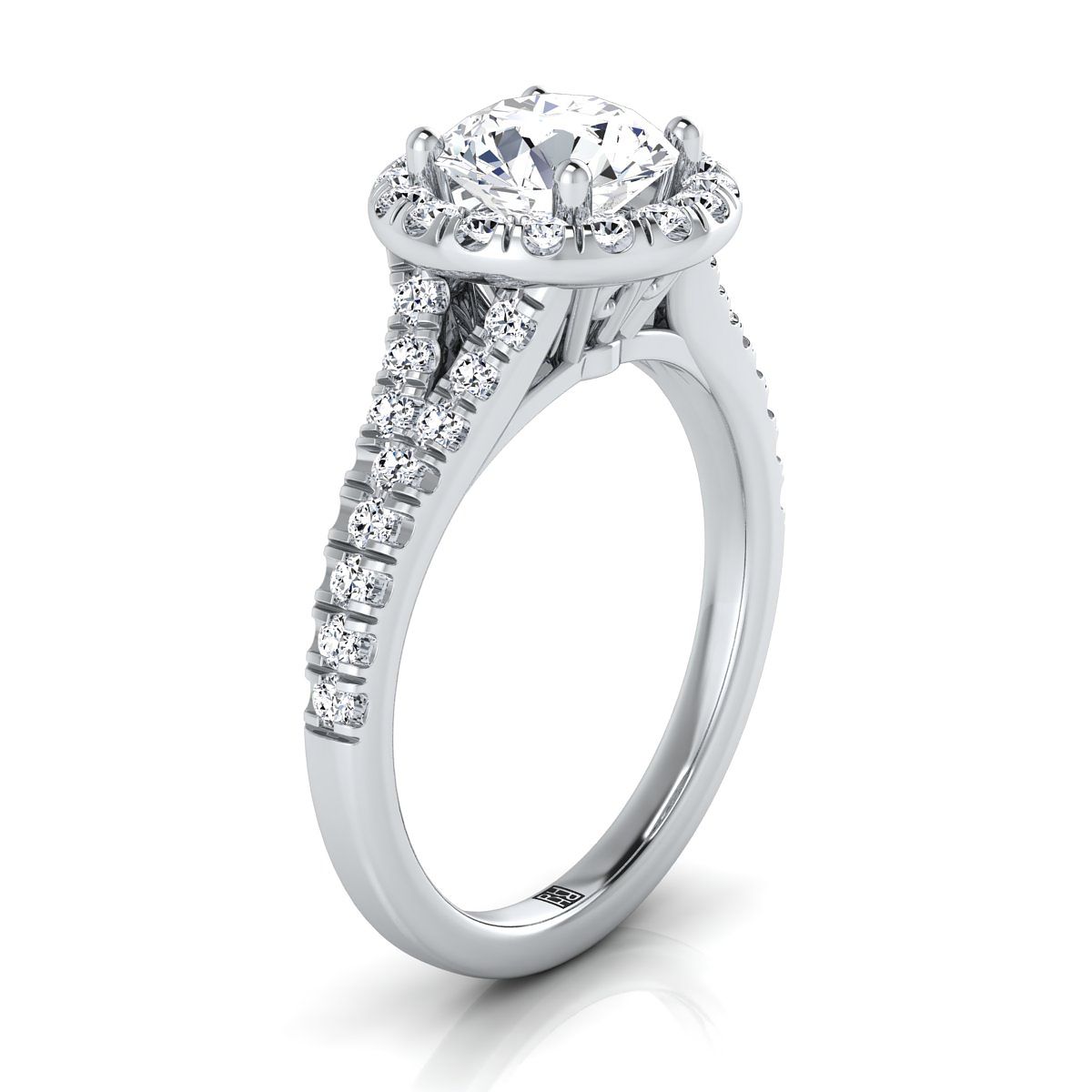 14K White Gold Round Brilliant Diamond Simple Prong Halo with Petite Split Shank Pave Engagement Ring -1/2ctw