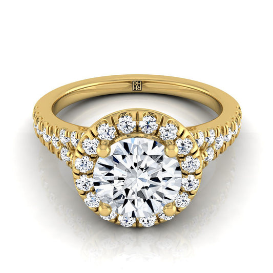 18K Yellow Gold Round Brilliant Diamond Simple Prong Halo with Petite Split Shank Pave Engagement Ring -1/2ctw