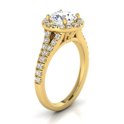14K Yellow Gold Round Brilliant Diamond Simple Prong Halo with Petite Split Shank Pave Engagement Ring -1/2ctw