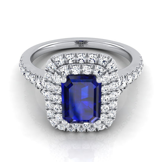 Platinum Emerald Cut Sapphire Double Halo with Scalloped Pavé Diamond Engagement Ring -1/2ctw
