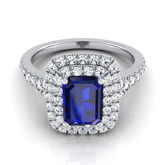 14K White Gold Emerald Cut Sapphire Double Halo with Scalloped Pavé Diamond Engagement Ring -1/2ctw