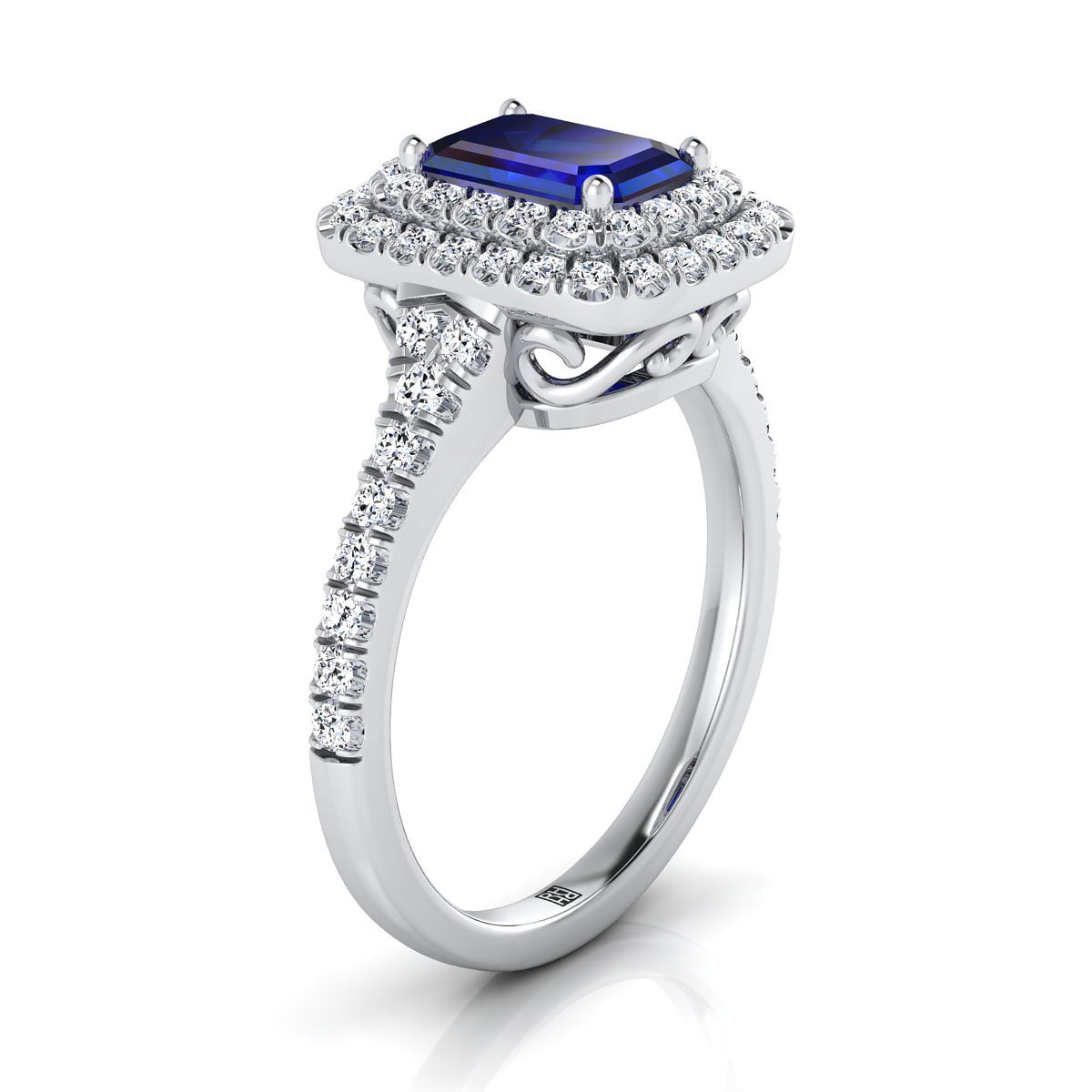 Platinum Emerald Cut Sapphire Double Halo with Scalloped Pavé Diamond Engagement Ring -1/2ctw