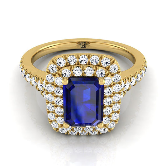 18K Yellow Gold Emerald Cut Sapphire Double Halo with Scalloped Pavé Diamond Engagement Ring -1/2ctw