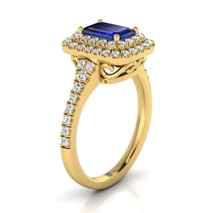 18K Yellow Gold Emerald Cut Sapphire Double Halo with Scalloped Pavé Diamond Engagement Ring -1/2ctw