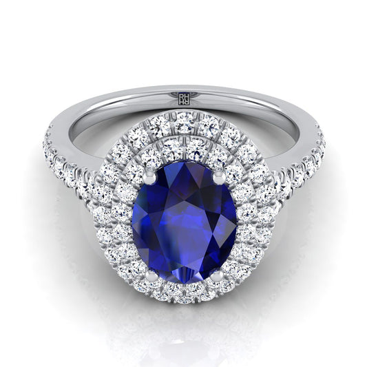 14K White Gold Oval Sapphire Double Halo with Scalloped Pavé Diamond Engagement Ring -1/2ctw