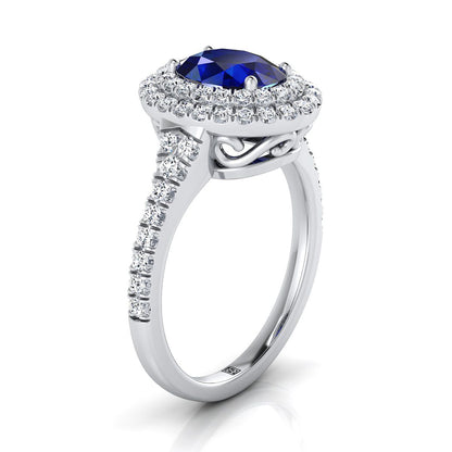18K White Gold Oval Sapphire Double Halo with Scalloped Pavé Diamond Engagement Ring -1/2ctw