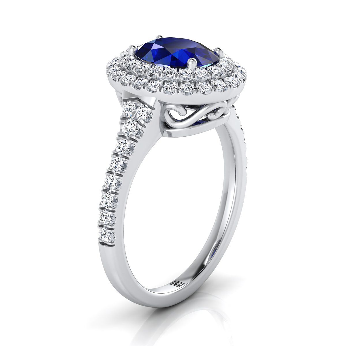 14K White Gold Oval Sapphire Double Halo with Scalloped Pavé Diamond Engagement Ring -1/2ctw